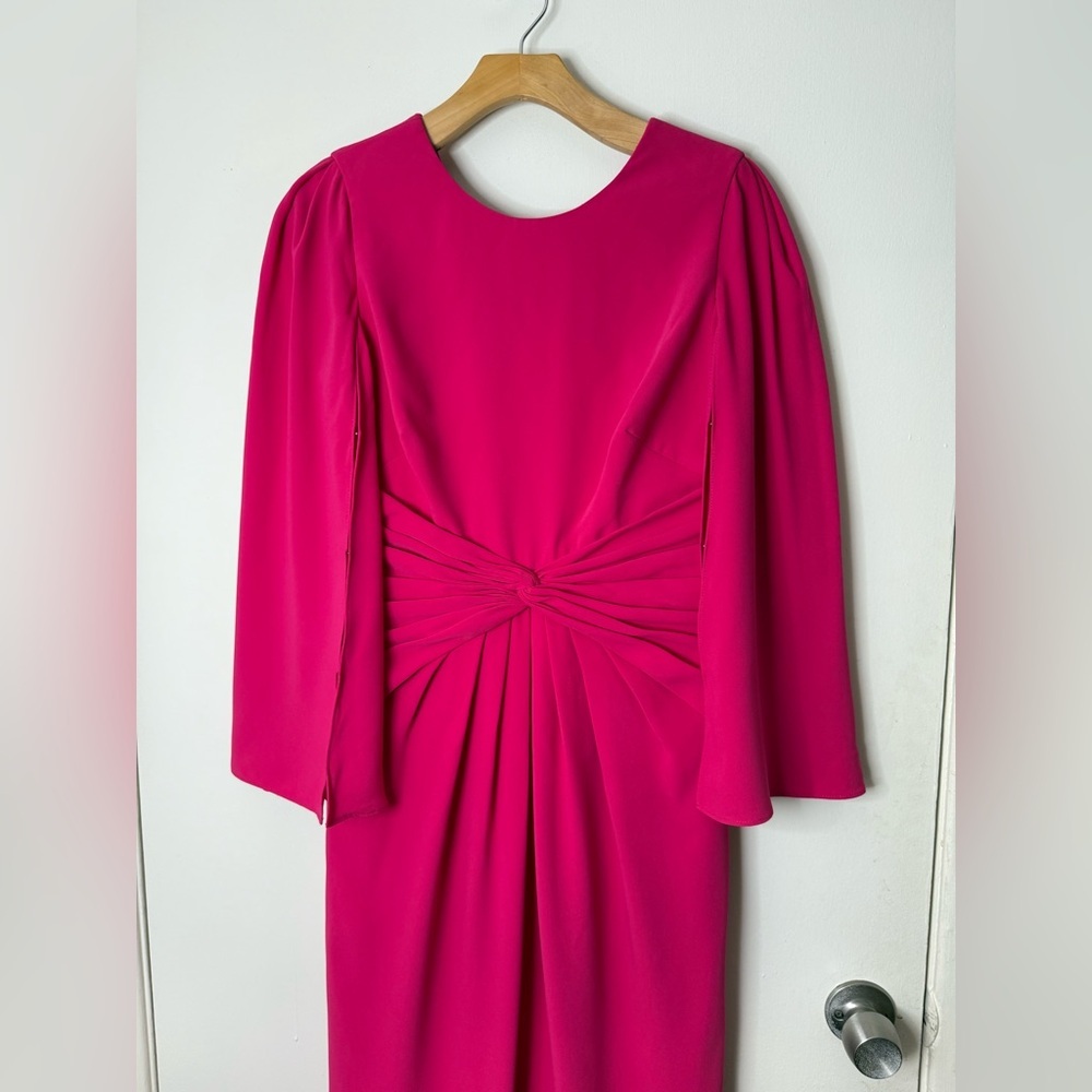 Theia twist knot front, hot pink, cape sleeve maxi gown, 10 - Picture 3 of 13